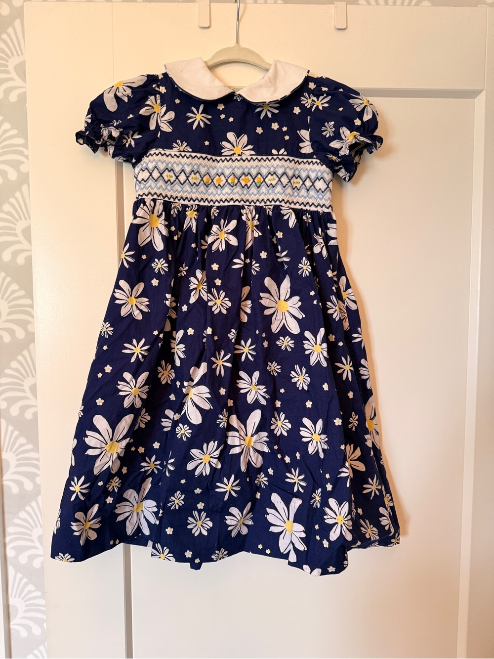 Girls' Navy Daisy Smocked Dress 4T